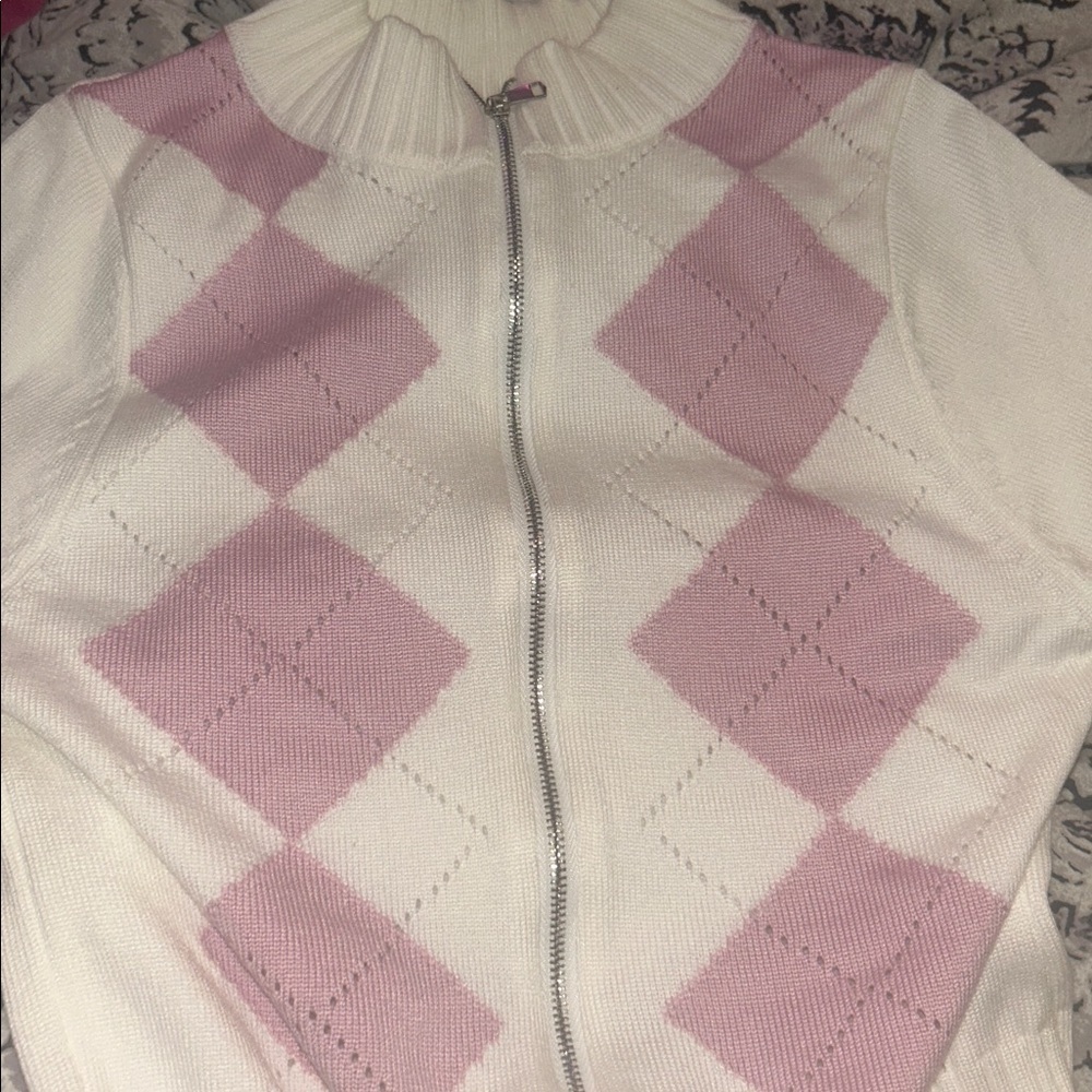 White and Pastel Pink Argyle Zip-Up Sweater Long sleeve soft girl coquette - Picture 8 of 11